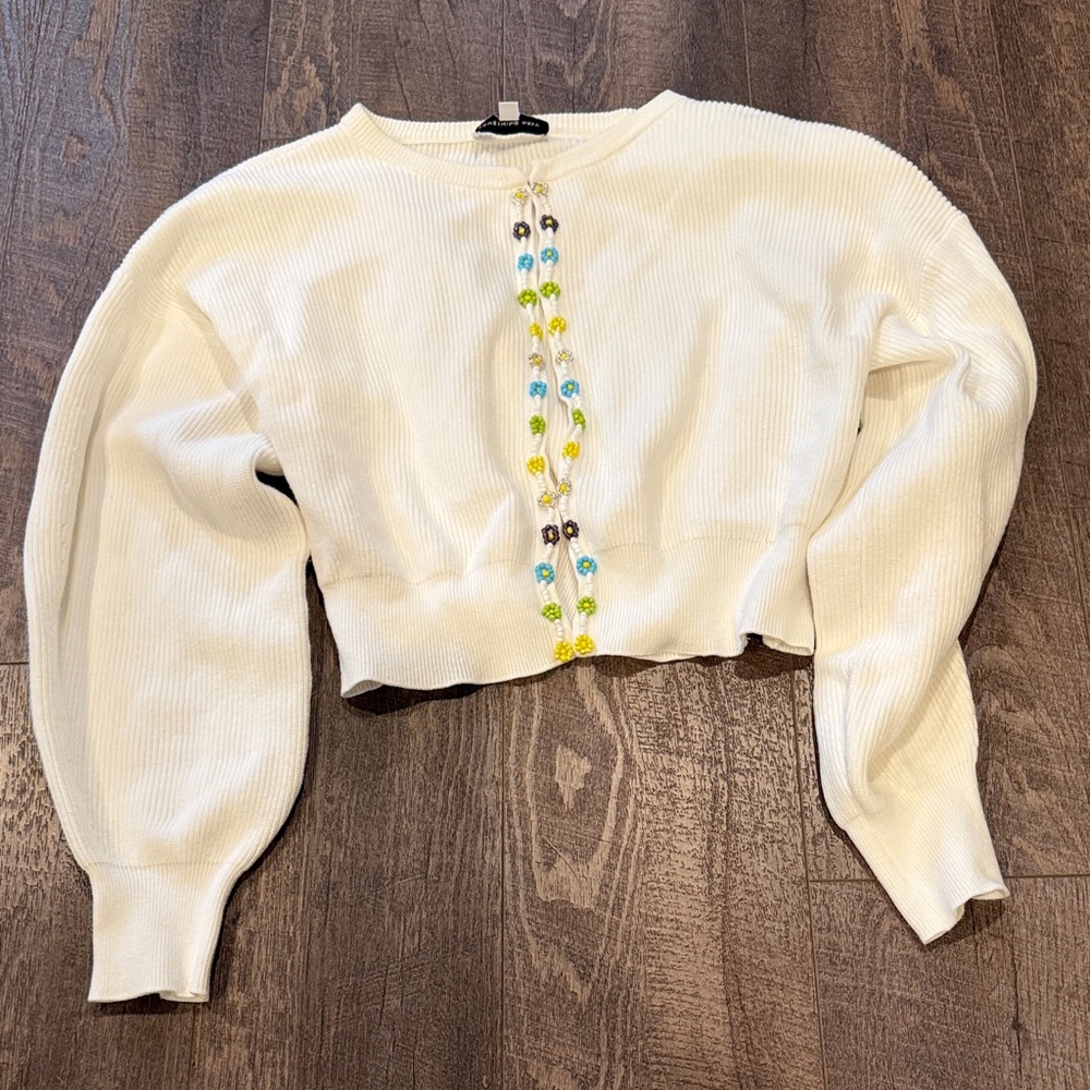 Women’s Cream Knit Cardigan Sweater with Beaded Trim